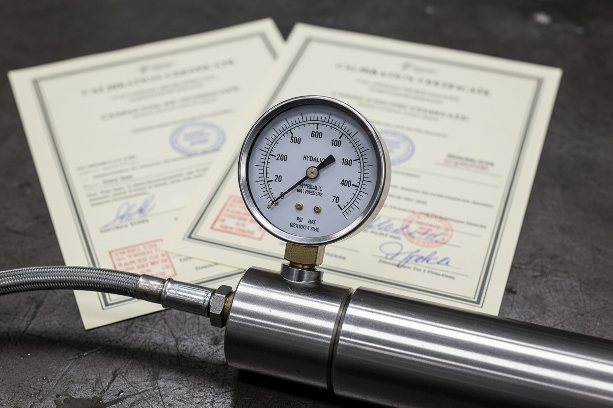 Foto in alta risoluzione dell'estrattore idraulico utilizzato da Geogym, con focus sul manometro e sui certificati di calibrazione visibili sullo sfondo.